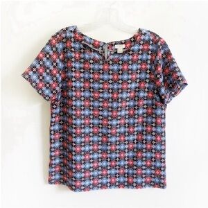 J. Crew Factory top red blue floral print keyhole career relaxed fit